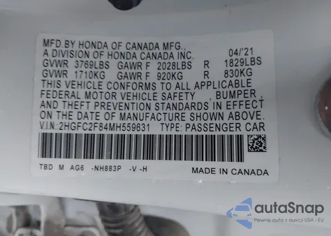 2021 Honda Civic Sport z USA, uszkodzony, nr VIN 2HGFC2F84MH559631